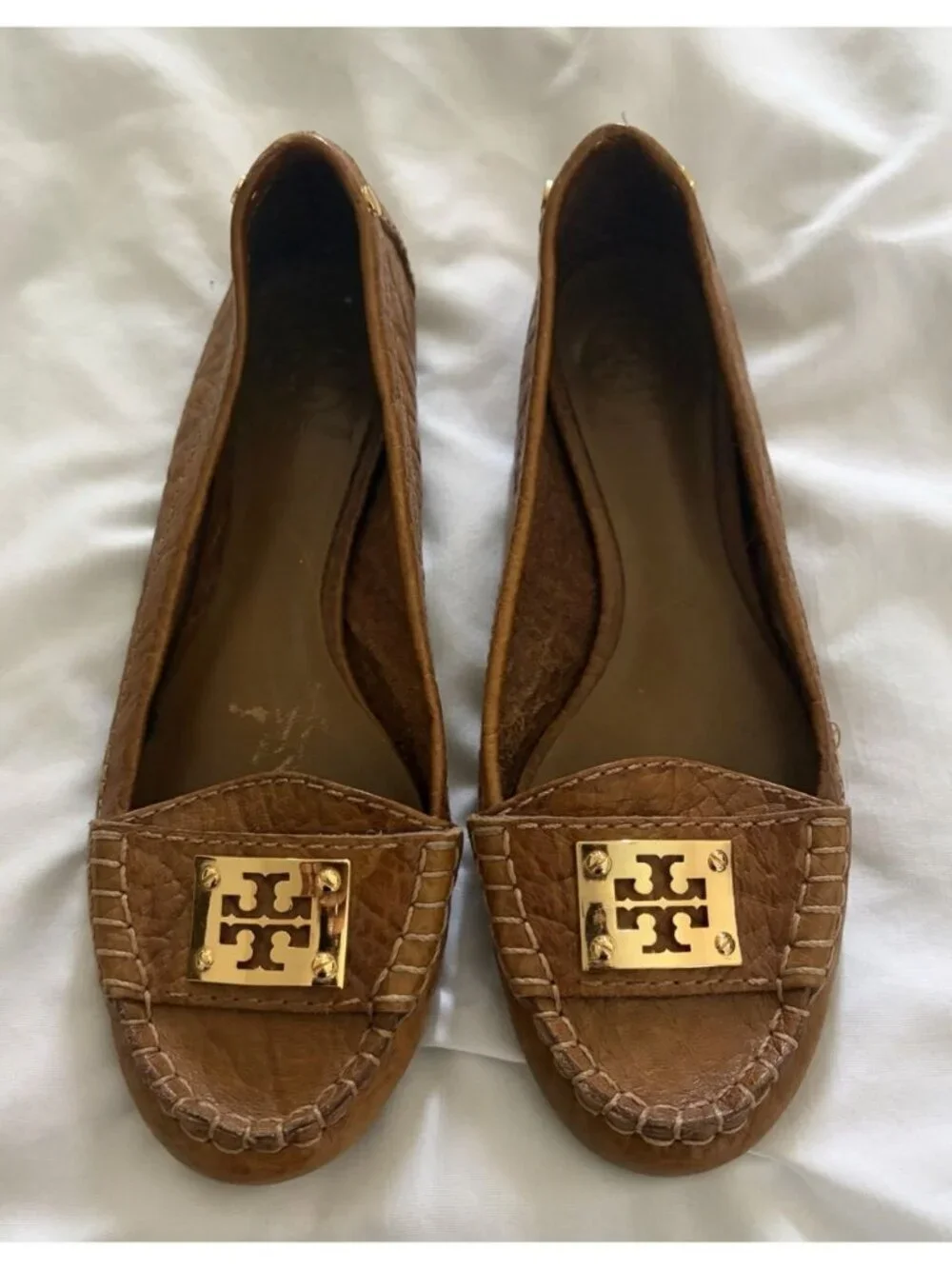 TORY BURCH Tan Carmel Textured Leather Driver Mocs Flats Size 7.5 Slip On